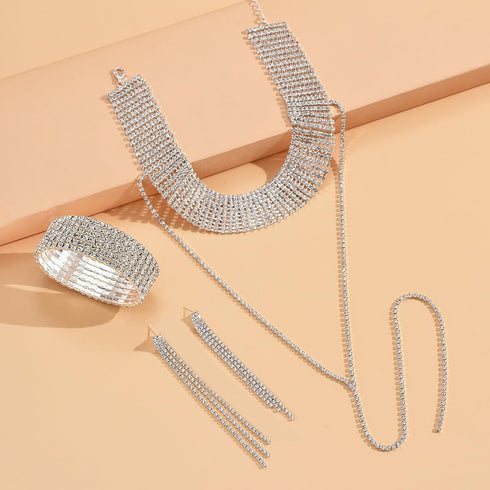 EIELO Rhinestone Jewelry Set for Women Wedding Bridal Triangle Bling Clutch Bag Glitter Choker Necklace Tennis Stretch Bracelets Ring Dangle Fring...