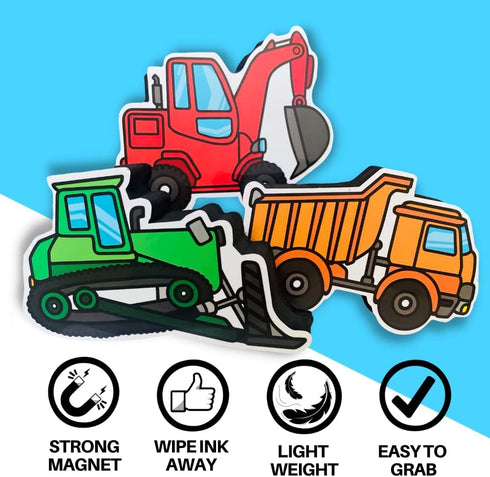 Magnetic Dry Erase Eraser for Whiteboard - 3 Pack Cute Design Construction Truck Set - Excavator, Dump Truck and Bulldozer - For Kids and Classroo...
