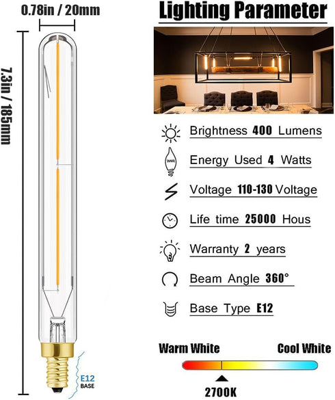 LEOOLS E12 Led Long Bulb,7.3Inch Long Tubular Light Bulbs,T6 B11 Candelabra Bulb 40 watt for Chandeliers,Clear Glass,Warm White,2700K 400LM 4W Dim...