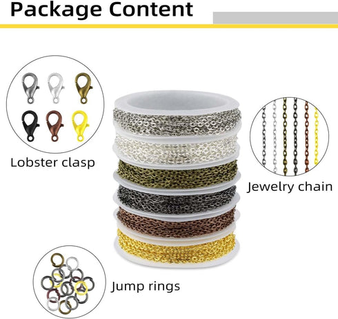 6 Rolls Jewelry Making Chains with Lobster Clasps & Jump Rings 59 Feet Chain Making Kit for DIY Craft Necklace Bracelet Earring Cable Link Chain J...