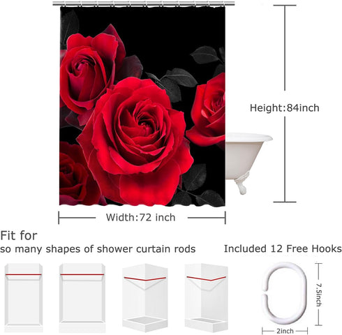 LIVILAN Red Shower Curtain for Bathroom Rose Shower Curtain Black and Red Shower Curtains Red Rose Shower Curtain with Hooks Black Floral Flower D...