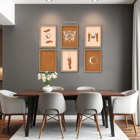 Posterizer 6 pcs-Neutral Astrology Sun and Moon Spiritual Boho Print-Astrology Zodiac Art-Abstract Modern -Gift for Street Art, Mural Fans-Decor f...