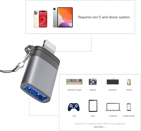 Lightning to USB Adapter, iO-S OTG3.0 Adapter (1 Piece), Compatible with Connection Between IP-Hone and USB Drives, Cameras, Card Readers, mice, K...