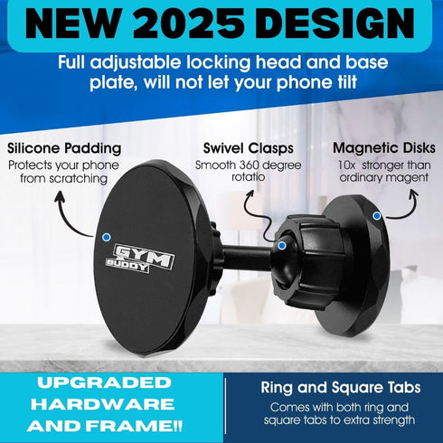 New 2025 Design stronger and more durable Gym Buddy Magnetic Phone Holder. Double sided adjustable and locking phone holder for gym or home use....
