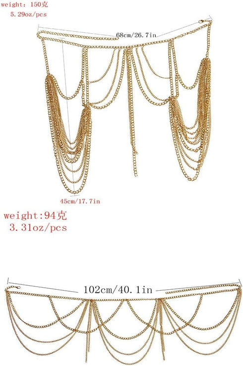 Sexy halloween women's body chain set layered chain necklace bra waist chain summer fashion Bohemian jewelry set beach party set (silvery-6985)...