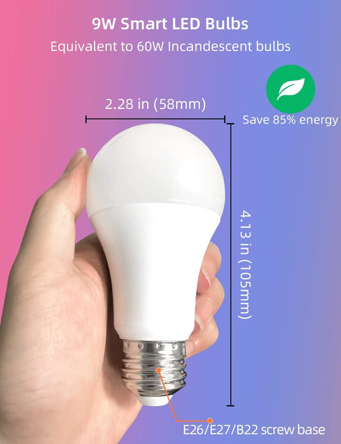 Color Changing LED Light Bulb App Control 9 W 60 watt Equivalent, 2.4Ghz WiFi and Bluetooth 1200LM Smart Light Bulbs That Compatible with Alexa Go...