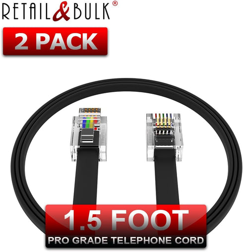 (2 Pack) 1.5 Foot Telephone Cord, Professional Grade Made in USA, 6P4C Male RJ11 Plugs with 50 Micron Gold Contacts, Pure Copper Wire Phone Line C...