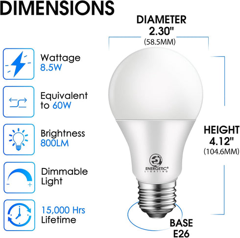 E ENERGETIC LIGHTING Dimmable LED Light Bulbs, 60W Equivalent 5000K Daylight, 8.5W 800 Lumens, E26 LED Bulb 60 Watt Dimmable, UL Listed, 12 Packs...