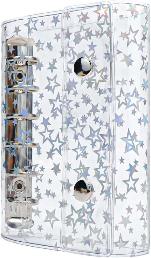 A7 Budget Binder Cover Clear PVC 6 Ring Binder Glitter Star Refillable Notebook Shell Protector with 2 Snaps for Cash Envelopes System Journal Alb...