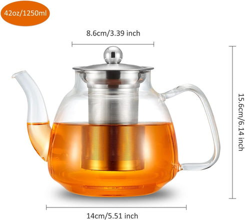 42oz/1250ml Glass Tea Kettle?Glass Teapot with Removable Stainless Steel Infuser, for Blooming and Loose Leaf Tea, Stovetop & Microwave Safe Tea P...