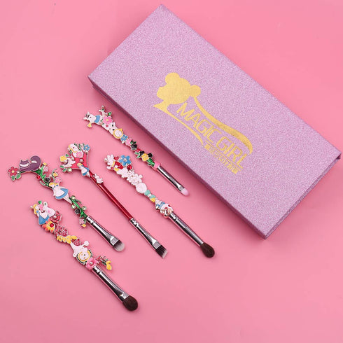 Alice in Wonderland Makeup Brush Set,5pcs Cute Alice Flower Makeup Brushes with Premium Synthetic Fiber and Metal Handle for Blush, Foundation, an...