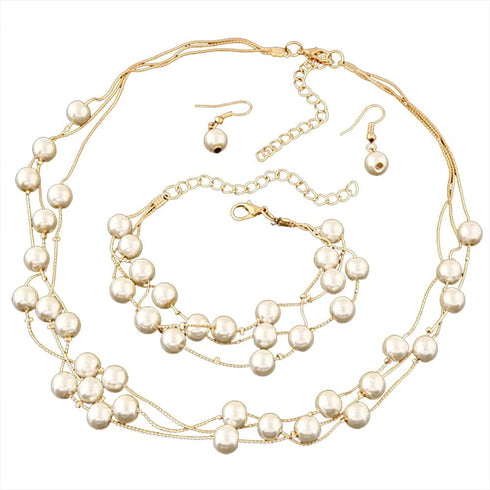 Gold Layered Pearl Necklaces for Women Faux Pearls Necklace Bracelet Earring Set for Women Girls Multi Layered Pearl Choker Necklaces...