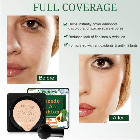 BB Mushroom Air Cushion, Avocado BB/CC Cream, All-Day Lasting Nude Foundation, Even Skin Tone Makeup Base, Easy to Apply, Thin, Moist...