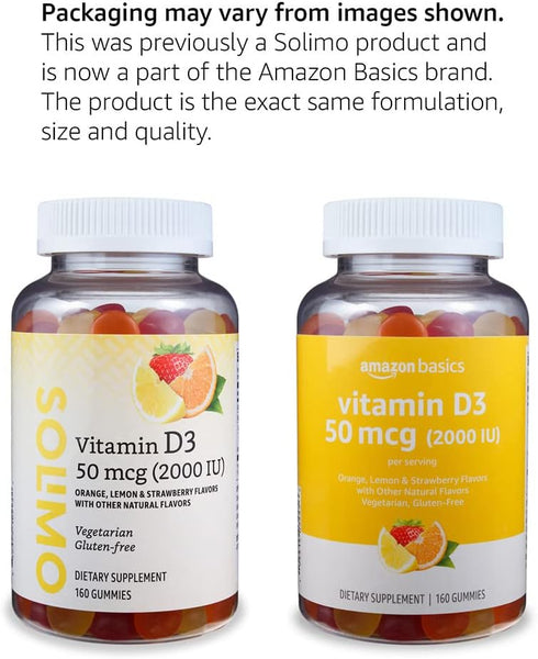 Amazon Basics Vitamin D3 2000 IU Gummies, Orange, Lemon & Strawberry, 160 Count (2 per Serving) (Previously Solimo)...