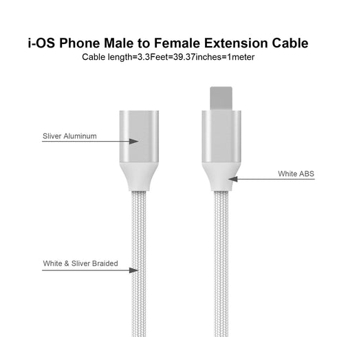 Braided i-Phone Extension Cable Pass Video Audio Music Photo Data, Charge. 1PCS 3.3Feet Male to Female i-Phone Extender Cord Made of Sliver Alumin...