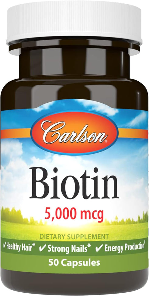 Carlson - Biotin, 5000 mcg, Healthy Hair, Strong Nails & Energy Production, 50 Capsules...