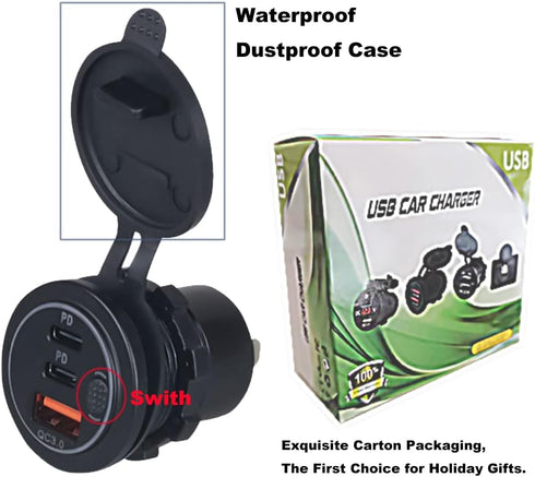 3 Ports 18W USB Car Charger with Switch, 12-24V QC 3.0 USB & Dual PD USB C Cigarette Lighter Socket Outlet, Dashboard Mount Quick Charge Charger f...