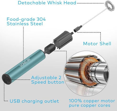 Milk Frother, Rechargeable Battery Operated Frother for Coffee,Portable Drink Mixer with 2 Stainless Steel Whisk Heads,Milk Foamer for Keto Coffee...