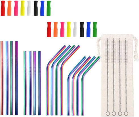 Lazycorner 16 Pcs Short Metal Straw, 6mm 5.5" 6.5" Kids Reusable Straw Silicone Tips Cleaner, Mini Small Stainless Steel Straws Fit 8 10 12 oz Tum...