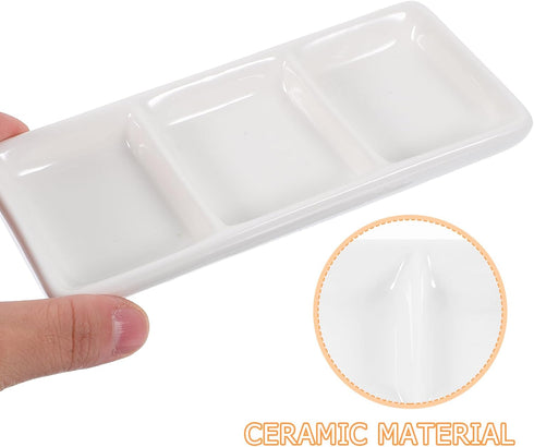 BESTonZON Ceramic Dipping Bowls, 3 Compartment Condiment Tray Hospitality Tray, Ceramic Dipping Sauce Dishes, 6 inch Dessert Platters Rectangular ...