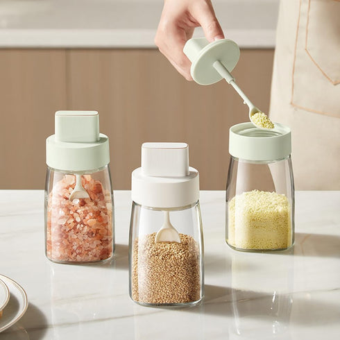 Kitchen Sodium Calcium Glass Spice Jars Seasonning Box Set of 3, Condiment Pots Spice Jars, Retractable Spoon and Lid Combination Design, Airtight...