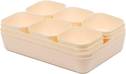 Backerysupply Set Of 12 Beige Color Plastic Desk Drawer Organizers For Makeup Bathroom Office Kitchen Vanity Drawer Storage Box Container...