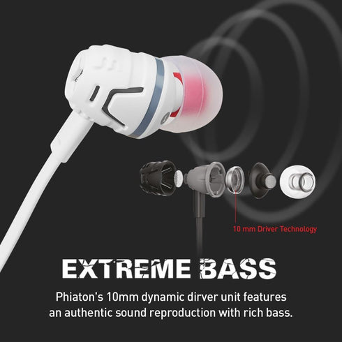 Phiaton C450S in Ear Stereo Earbuds Headphones Wired Earphones with Microphone and Controller, Extreme Bass, White...