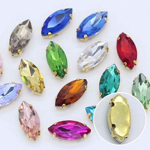 50Pcs Sew on Rhinestones 9x18 mm Flatback Glass Rhinestone Horse Eye Rhinestones with Gold Claw for DIY Crafts Clothes Bag Shoes,Black...