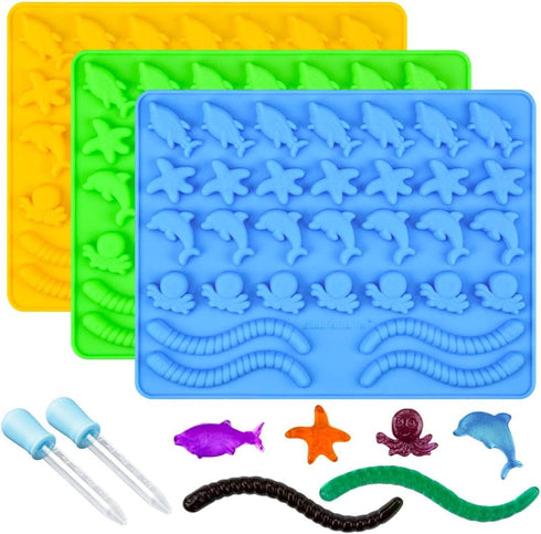 Gummy Molds Hard Candy Molds - Candy Molds Silicone Including Worms, Starfishs, Dolphins, Octopus, Sharks Sea Mold, Pinch Test Approved Pack of 3 ...