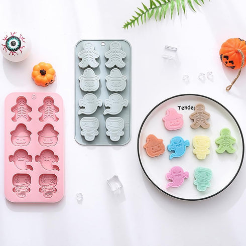 2 Pcs Halloween Silicone Molds Skeleton Pumpkin Ghost Mummy Fondant Mold Decorative Chocolate Candy Baking Molds DIY Baking Tool for Sugar Craft C...