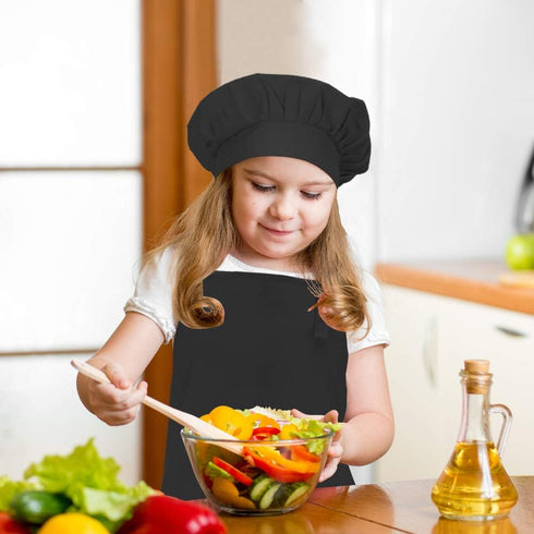 Kids Apron and Chef Hat Set, Adjustable Cotton Child Aprons with Large Pocket Black Girls Boys Kitchen Bib Aprons for Cooking Baking Painting...