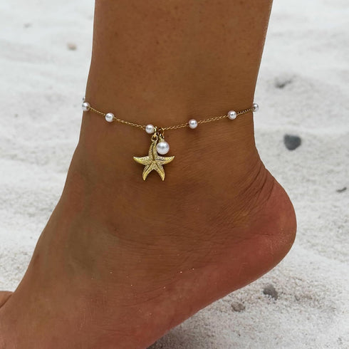 Starfish Anklets for Women Boho Beaded Starfish Anklets Waterproof Anklet Stretch Ankle Bracelets Boho Jewelry Beach Gifts for Women...