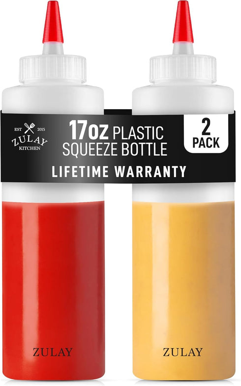 Zulay 2-Pack Squeeze Bottles for Sauces & Condiments - 17oz Squirt Bottles with Small Pointed Nozzle and Cap - BPA-Free, Leak-Proof, Reusable Plas...