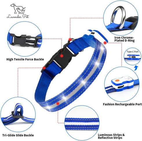 Led Dog Collar 1000 ft Night Visibility LED Dog Leash - Padded Double Traffic Handle |10hr Battery Life, USB-C Quick Charging Light Up Reflective ...