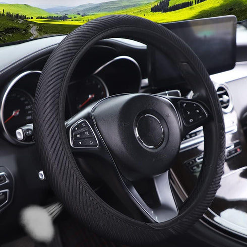 Breathable Stretch Elastic Steering Wheel Cover, Cool in Summer and Warm in Winter, Soft Microfiber Ice Silk Cloth Fabric, Universal 14.5-15 in, F...