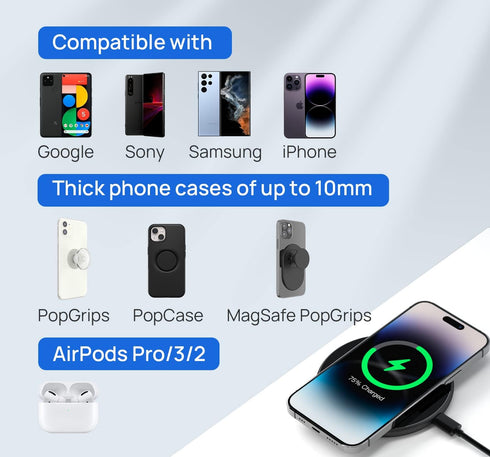 Wireless Charger for Thick Cases of 10MM/Popsocket/OtterBox, Phone Charger Pad, 15W Max Wireless Charging Pad Compatible with iPhone 15 Pro Max/14...