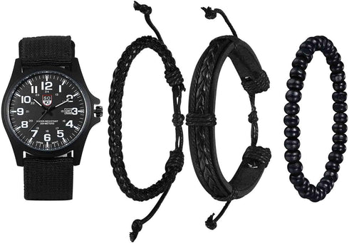 Avaner Men's Bracelet Watch Set, 4 Pcs Wrist Watch Bracelet Set, Military Nylon Strap Quartz Watch Black Leather Bracelets Set for Men...