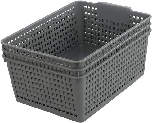 Gloreen 3 Pack Large Plastic Storage Baskets, Multipurpose Storage Basket for Organizer, Grey...