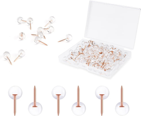 100pcs Thumb Tacks, Rose Gold Flat Push Pins with Storage Box, Clear Round Push Pins Bulletin Board Push Pins for Cork Board Rose Gold Office Supp...