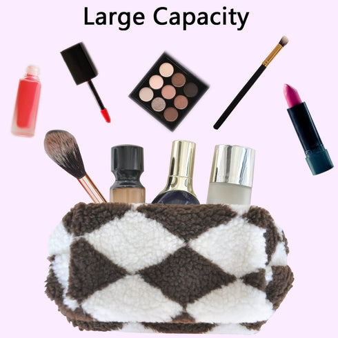 3pcs Checkered Plush Makeup Bag Terry Cloth Cosmetic Bag Zipper Travel Toiletry Bag Organizer Soft Pencil Pouch Case Makeup Brushes Storage Bag fo...