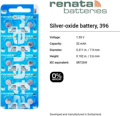 Renata 396 SR726W Batteries - 1.55V Silver Oxide 396 Watch Battery (2 Count)...