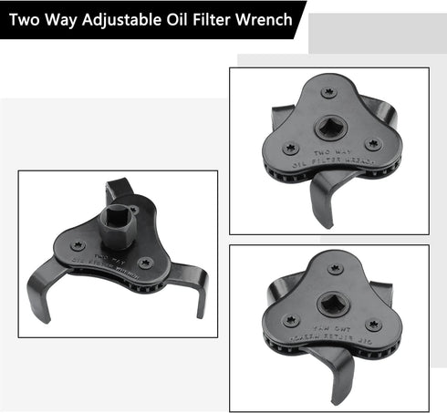 Universal Adjustable Oil Filter Wrench, Carbon Steel, Black, 1/2 & 3/8 Inch Square Drive Socket, 3-Jaw & 2-Way Design...