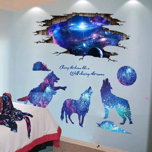 3D Blue Starry Sky Wolf Moon Wall Decals Removable PVC Magic 3D Milky Way Outer Space Planet Wall Sticker Peel Stick Home Decor for Kids Baby Bedr...
