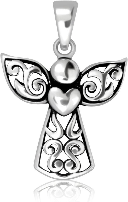 WithLoveSilver 925 Sterling Silver Bali Filigree Cross Guardian Angel Holding Heart Wing Pendant...