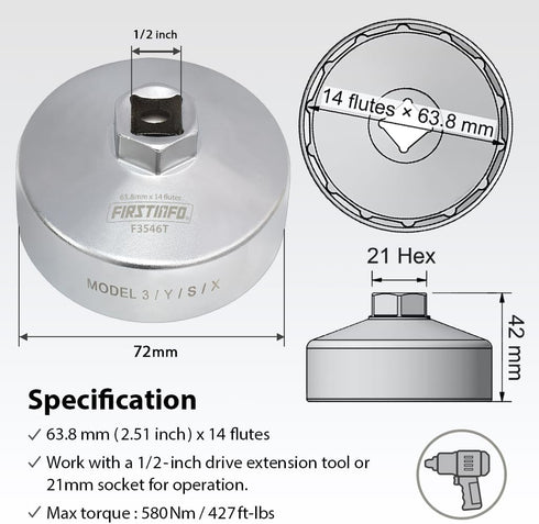 FIRSTINFO F3546T 1/2" Drive 63.8mm 14 Flutes Oil Filter Wrench, Compatible with Tesla...