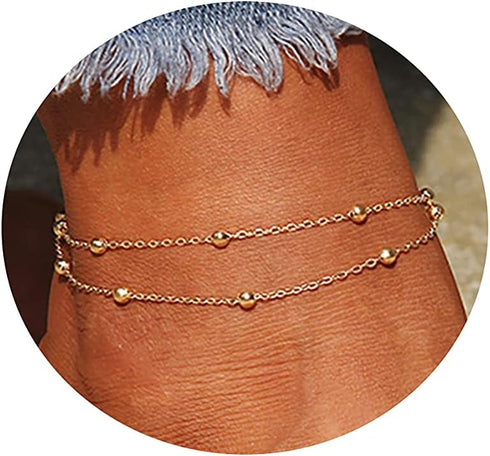 Tasiso 14K Gold Plated Layered Beaded Chain Ankle Bracelets for Women Dainty Summer Barefoot Beach Anklets Minimalist Foot Jewelry Gifts 8.5"...
