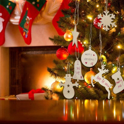 DIY MDF Laser Cutout of Snowflake, Dear, Bell, Tree, Heart Socks, Star Snowman & Small Threads for Christmas Decoration - Set of 30...