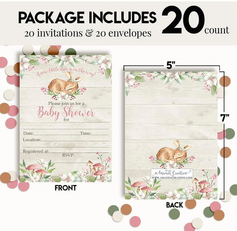 Little Deer Woodland Watercolor Floral Baby Shower Invitations for Girls, 20 5x7 Fill In Cards with Twenty White Envelopes by AmandaCreation...