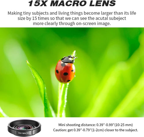 3 in 1 Lens Kit for iPhone and Android, 15X Macro Lens + 0.5X Wide Angle Lens + 230° Fisheye Lens, Phone Camera Lens, Color Black......