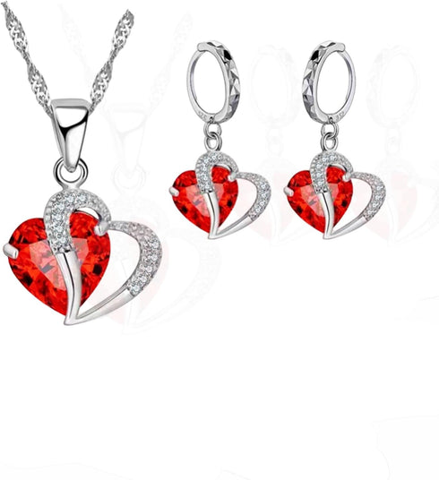 la luen Birthstone Jewelry Set Double Love Heart Pendant Necklace Silver Hoop Earrings Crystal Declaration Individuality Set Gifts For Women...